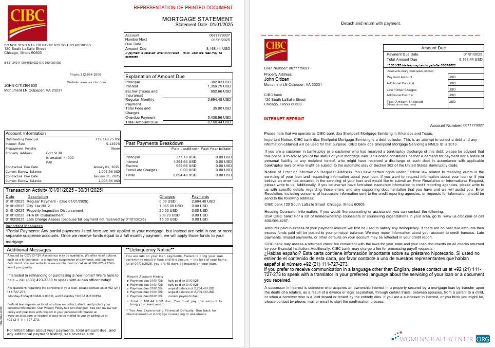 Download USA CIBC bank mortgage statement in Word and PDF formats, 3 pages 1 2 Photoshop template